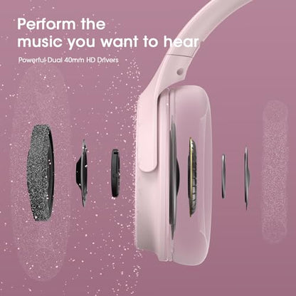 DOQAUS Bluetooth Headphones Over Ear, 70H Playtime,3 EQ Modes, with ENC Mic | 70 Hours Playtime, HiFi Stereo Sound, Deep Bass, Memory Foam Earpads, Headphones Wireless for Phone PC Travel Home Office - color: Pink