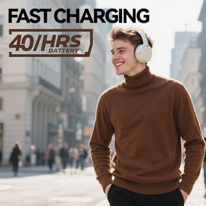 Hybrid Active Noise Cancelling Headphones, Wireless Over Ear Bluetooth Headphones with Mic, 40H Playtime, Hi-Res Audio, Deep Bass, Foldable Comfort Fit Ear Cups for Travel, Office, Home (White) - color: White