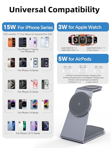 TRIBONE 3 in 1 MagSafe Wireless Charging Station for iPhone Watch AirPods | Qi2 certified 15W fast magnetic charging. For iPhone 17/16/15/14/13/12, AirPods Pro, Apple Watch Ultra.