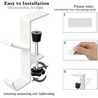 Desk Mount Headphone Hook Bag Holder Hook Clamp,Headphone Hanger and Backpack Hanger with Double Hooks,Universal Aluminum Alloy Gaming Headphone Stand Under Desk (White) - color: White