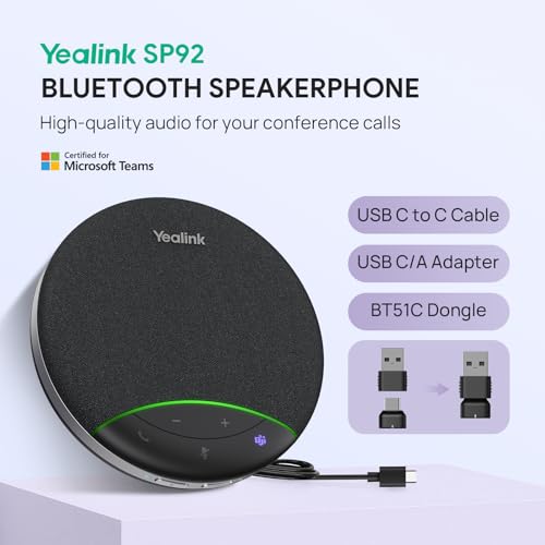 Yealink SP92 Bluetooth Speakerphone USB Conference Speaker and Microphone | Full-Duplex,Noise Reduction,20h Teams Call,278g,Wireless Portable Design,4-6 Meeting Room/Computer,BT51 Dongle,A/C Adapter - size: SP92 with Dongle