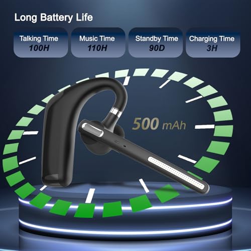 Bluetooth Headset, Wireless V5.4 Bluetooth Earpiece with Dual Noise Cancellation Mic with iPhone and Android, 110H Talktime Hands-Free Headphone for Trucker/Business/Office (Black)