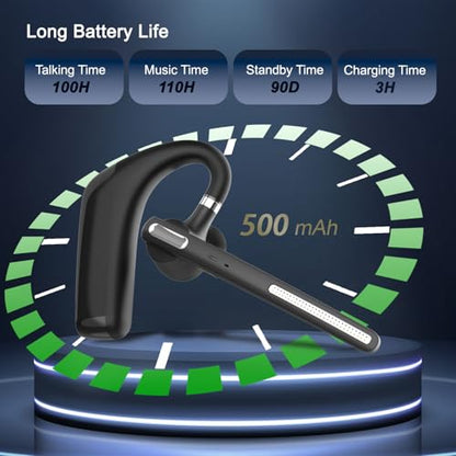 Bluetooth Headset, Wireless V5.4 Bluetooth Earpiece with Dual Noise Cancellation Mic with iPhone and Android, 110H Talktime Hands-Free Headphone for Trucker/Business/Office (Black)