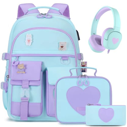 ACESAK Backpack for Girls with Headphones - Girls Backpack with Lunch Box, Pencil Case & Kids Headset - 3.5mm Wired Headphones for School Bookbag Schoolbag Set Back To School Gift (Blue Purple) - color: Blue Purple