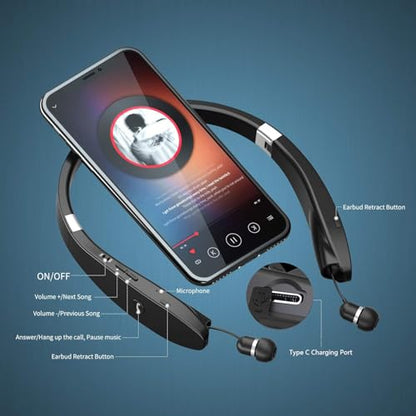 AMORNO Foldable Bluetooth Headphones Wireless Neckband Headset with Retractable Earbuds, Sports Sweatproof Noise Cancelling Stereo Earphones with Mic - color: Black
