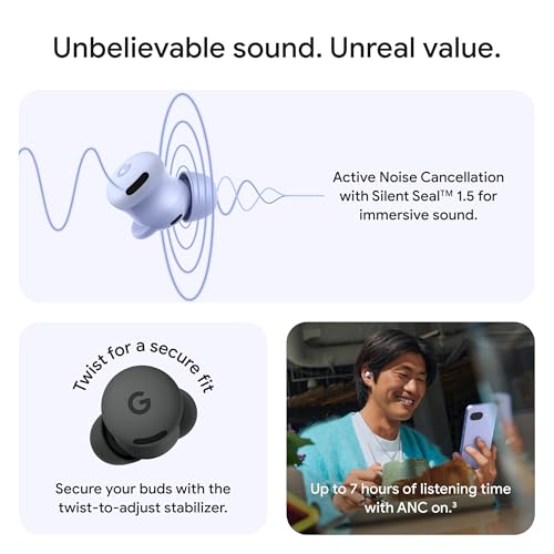 Google Pixel Buds 2a - Wireless Bluetooth Earbuds - Fog | Active Noise Cancellation, transparency mode, comfortable fit, 20-hour battery, water resistant, help from Gemini - color: Fog