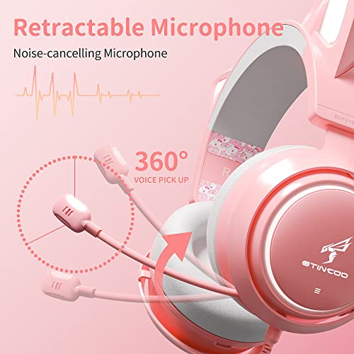 EASARS Pink Gaming Headset GS510, Wired, Over Ear, Cat Ear Design with RGB Lighting, 7.1 Surround Sound, Retractable Mic, Compatible with PC, PS4, PS5 - color: Pink, style: Wired
