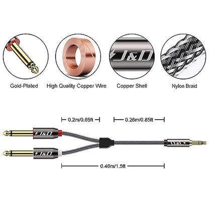 J&D 1/8 to 1/4 Stereo Cable, 3.5mm TRS to Dual 6.35mm TS Breakout Cable Y Splitter Cord for Amplifiers/Audio Mixer/Audio Recorder/MP3/MP4, Nylon Braid, Gold Plated Copper Shell, 1.5 Feet - size: 1.5 Feet