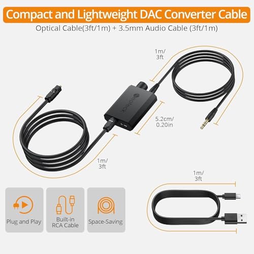 Neoteck 192kHz Digital to Analog Converter Optical to 3.5mm Converter | with Volume Adjustment, Built-in Amplifier Chipset DAC Converter Compatible for 3.5mm Headphones, Computer Speaker and etc.