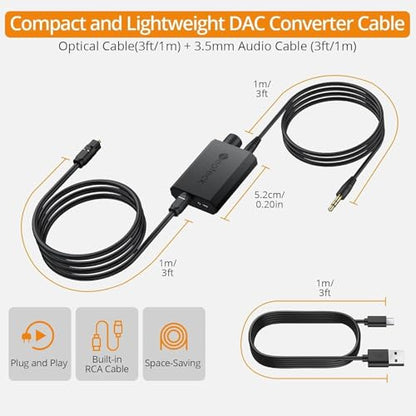 Neoteck 192kHz Digital to Analog Converter Optical to 3.5mm Converter | with Volume Adjustment, Built-in Amplifier Chipset DAC Converter Compatible for 3.5mm Headphones, Computer Speaker and etc.