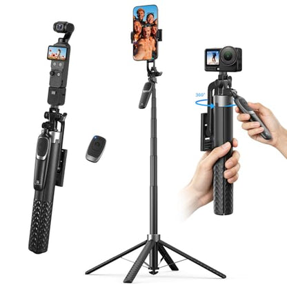 K&F CONCEPT 69" Auto Open Selfie Stick with 4 Legs & Stabilizing Handle | Phone Tripod, 360° Rotation Cell Phone Tripod Stand with Remote Control, Compatible with iPhone Osmo Pocket 4/3, A702