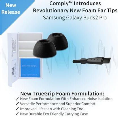 Comply TrueGrip Premium Memory Foam Replacement Ear Tips, Black, Large | 3 Pairs, for Samsung Galaxy Buds2 Pro, Enhanced Comfort, Secure Fit, Superior Noise Isolation, Cleaning Tool - size: Large