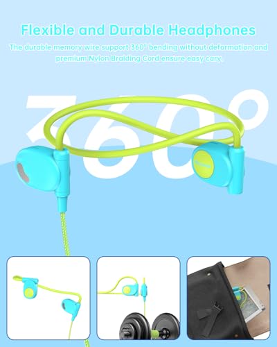 Mehomeli Kid Headphones, Air Conduction Open Ear Headphones, 3.5mm Jack | Ultra-Comfort, Ergonomic and Lightweight Design Perfect for School and Outdoor Activities-Blue Green - color: Blue, Green