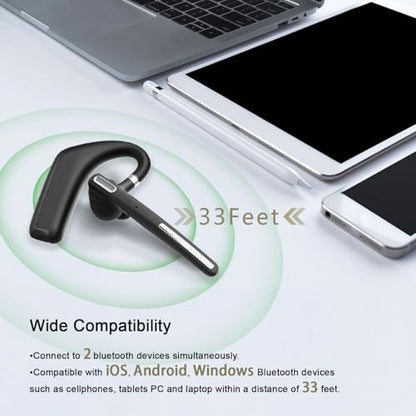Bluetooth Headset, Wireless V5.4 Bluetooth Earpiece with Dual Noise Cancellation Mic with iPhone and Android, 110H Talktime Hands-Free Headphone for Trucker/Business/Office (Black)