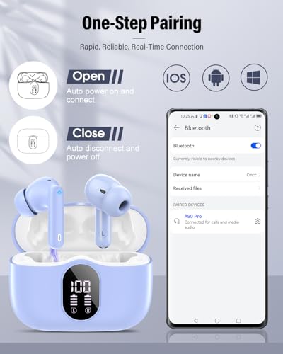Wireless Earbuds, Bluetooth 5.4 Headphones Bass Stereo/Clear Call,Pale Blue | Ear Buds with Noise Cancelling Mic LED Display in Ear Earphones IP7 Waterproof 36H Bluetooth Earbuds for Phones/Sport/Laptop - color: Pale Blue