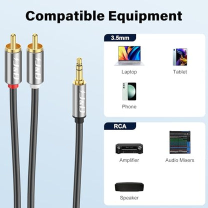 J&D 3.5mm Male to 2 RCA Phono Male Stereo Audio Cable, Aluminum Alloy Shell Gold-Plated RCA Audio Adapter Aux Cable, Grey, 10 Feet - color: Grey, size: 10 Feet