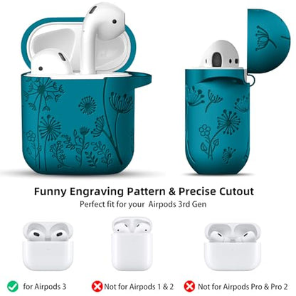 Lerobo for AirPod Case 2nd/1st Generation with Keychain | Flower Engraved Silicone Protective Cover for AirPods 2 Case, Wireless Charging, Shockproof, One-piece Design, Verdant Blue - color: Verdant Blue