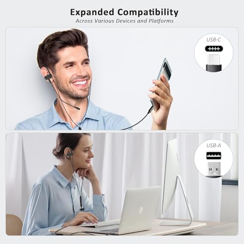 USB C & A Wired Earbuds with Boom Mic for Phone & PC, Ideal for Call & Work | Wired USB C In-ear Headphones with USB-A Adapter & Wrap-around Ear Hooks for Meeting, Gaming & Working, 5.9 ft