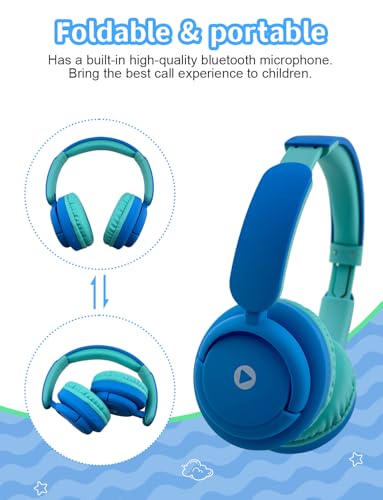 Kids Wireless Headphones,Toddler Headphone Bluetooth, Foldable with Built-in Mic, Headphones for Kids Toddler teenger Cell Phones TV Tablet School Network Office uses (Blue Green) - color: Blue Green