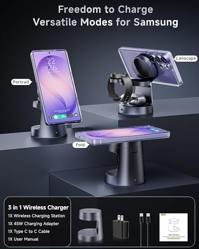 Qi2.2 25W 3-in-1 Magnetic Wireless Charger for Samsung, Compact & Foldable | Fast Charging Station for MagSafe for S26 Ultra/Z Fold 8/Fold8 Ultra, Travel Charger Stand (Not for Watch 9/Ultra2)
