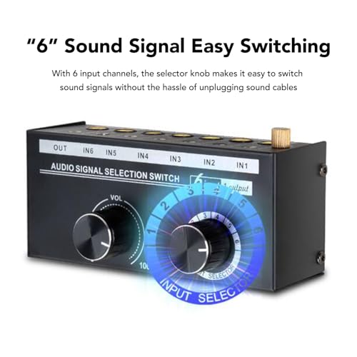 6 Way Sound Switcher, 6 Input 1 Output Sound Switcher Volume Control 3.5mm 6.35mm Sound Signal Selector
