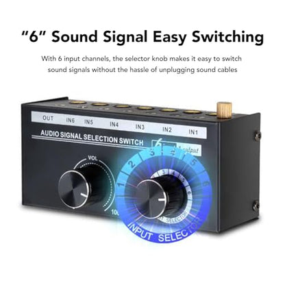 6 Way Sound Switcher, 6 Input 1 Output Sound Switcher Volume Control 3.5mm 6.35mm Sound Signal Selector