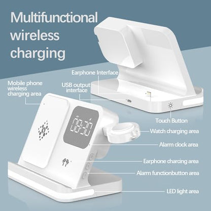 AYI 4in1 Multi Functional Wireless Charging Station with Digital Alarm Clock 15W Fast Charger Night Light Wireless Charger for All Qi Phone and Earbud Headphone Compliant with i-Watch-B22 White - color: Wireless Charger B22 White