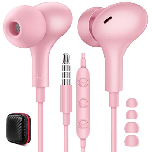 3.5mm Wired Earbuds Headphones with Mic for School Airplane Students Pink | Noise Canceling High Sound Quality 3.5mm Jack Earphones Tablets Computer Laptop for iPod/iPad for MP3/MP4/iPhone 6 5S Pink