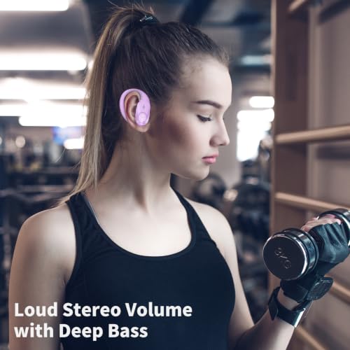 Wireless Earbuds with Ear Hooks 96H Playtime for iPhone Android | LED Display Deep Bass Stereo Sound Built in Mic Sweat Resistant Design Low Latency Mode for Sports Gaming - color: Purple