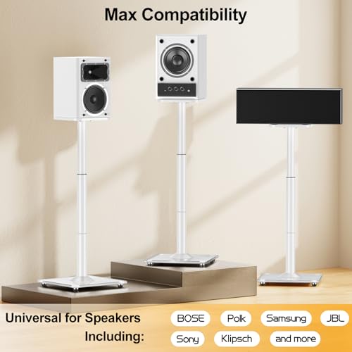 Speaker Stands Pair, 28"-37.4" Height Adjustable, Max 22 lbs, Glass Base | Surround Sound Speaker Stand with Cable Management, Universal Floor Stand for Bookshelf Satellite Studio Large Speaker, White - size: Universal White