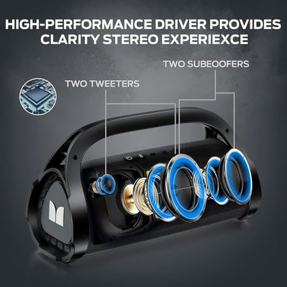Monster Adventurer Max Boombox Bluetooth Speaker, IPX7 Waterproof Outdoor Speakers with Double Subwoofer, 100W Stereo Sound and Rich Bass, Wireless Speakers for Home, Party, Beach