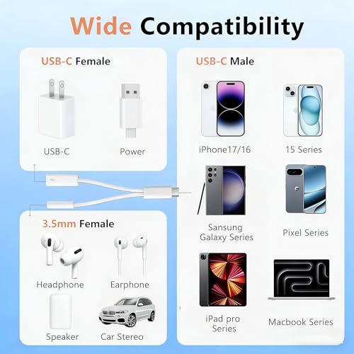 2 in 1 USBC to Headphone Jack Adapter with PD Fast Charging Dongle Cable,USB C to 3.5mm Audio Adapter for iPhone15/16/17 Series and Car - size: 1 Pack, style: Usb-C to USBC and 3.5