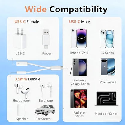 2 in 1 USBC to Headphone Jack Adapter with PD Fast Charging Dongle Cable,USB C to 3.5mm Audio Adapter for iPhone15/16/17 Series and Car - size: 1 Pack, style: Usb-C to USBC and 3.5