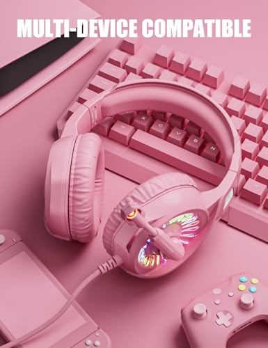 ZIUMIER Wired Pink Gaming Headset for PC, PS5, PS4, Xbox Series X|S | 노이즈 캔슬링 마이크, LED RGB 조명, 50mm 드라이버, 3.5mm 오디오 잭, 소프트 메모리 폼, 멀티 플랫폼 헤드폰 - color: 핑크