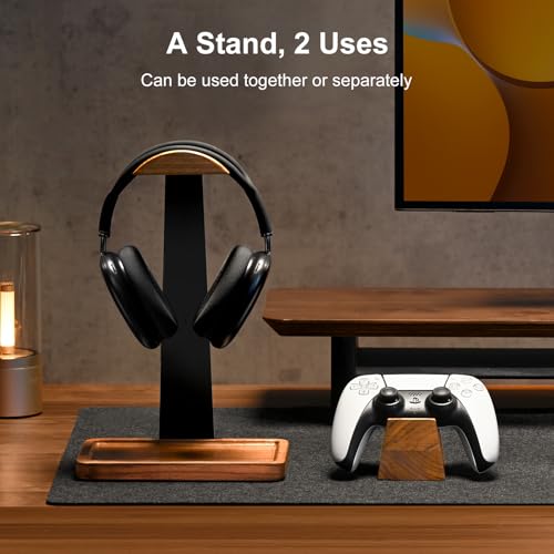 UPERGO Walnut Headphone Stand with Controller Holder & Storage Base