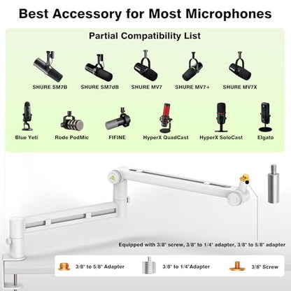 AA AUDIO ACCESSORY White Boom Arm Low Profile (Design for Heavy Mic) 6.6lbs Load Capacity, Gear Lock Structure Never Sags, Metal Microphone Stand Desk Mount for Shure SM7B MV7+, Blue Yeti, Rode PodMic - color: White