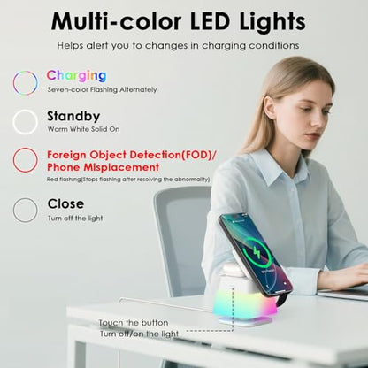 Minthouz 3 in 1 Charging Station for iPhone, Wireless Charger for Apple, MagSafe Charger with Night Light, 360° Rotation, Compatible with iPhone 16, 15, 14, 13, 12 Pro, Apple Watch & AirPods Pro 4/3/2