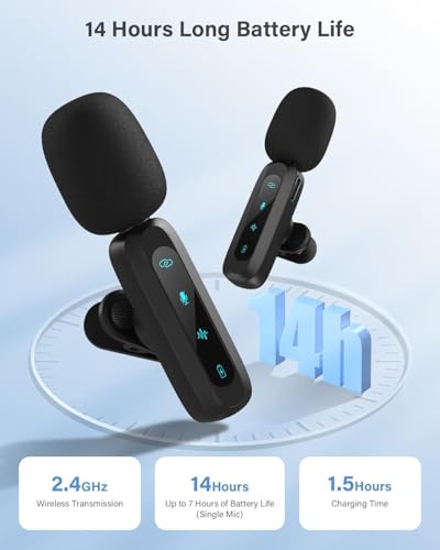 Wireless Lavalier Microphone for iPhone - Android and Laptop PC Mini Microphone with Noise Reduction, Auto Pairing and Mute & Reverb for Video Recording Interview Conference Podcast Vlog (2 Pack)