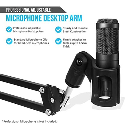 StreamEye Boom Arm Mic Stand with Desktop Mount, Detachable Clip, Professional Grade XLR Cable, Microphone Pop Filter and Cable Ties