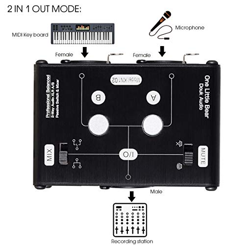 Douk Audio 2 Way XLR Balanced Stereo Audio Switcher Passive A/B Mini Switch Box Mixer Sound Splitter (KN102, 2-IN-1-OUT)