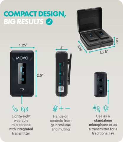 Movo WMX-2 Wireless Camera Microphone with Charging Case - Lavalier Mic for DSLR Cameras, Vlogging, Content Creation, Filmmaking - style: 1 Transmitter