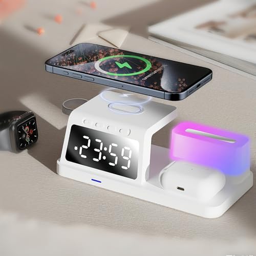 IHAO 6in1Digital Alarm Clock with Wireless Charging Station Night Light 15W Fast Charging for Qi Phone Headphone Bracket for iWatch LED Display Dimmable Brightness-HT309 White - color: Wireless Charger Alarm Clock HT309 White