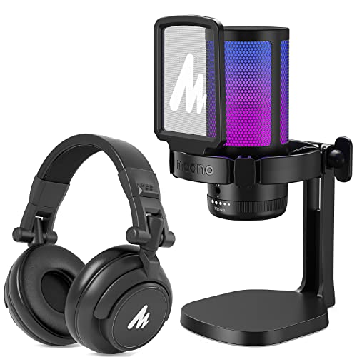 MAONO USB Gaming Microphone with Headphones, PC Computer Condenser mic with Noise Cancellation, RGB Lights, Mute for Streaming, Recording, Podcast, Chat, Twitch, YouTube, Discord, GamerWave, MH601