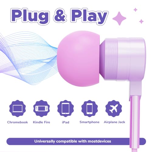 Owliwise USB C Kids Wired Earbuds with Case, mic, 85/94dB Volume Limited - color: Purple