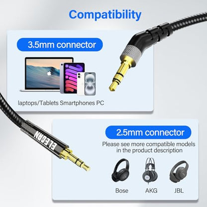 135 Degree 3.5 mm to 2.5 mm Headphone Cable Wire AUX Cord 12 Ft-Angled Thin Audio Replacement Accessories for Bose 700 QuietComfort QC Noise Cancelling Headphones JBL Bluetooth Earphones - size: 12FT