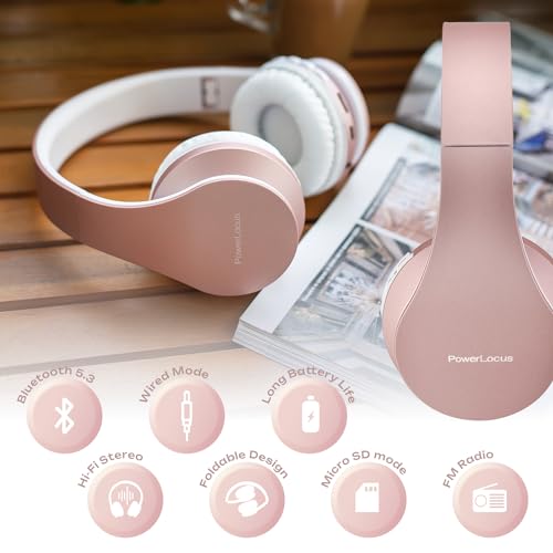 PowerLocus Wireless Bluetooth Over-Ear Stereo Foldable Headphones, Wired Headsets with Built-in Microphone for iPhone, Samsung, LG, iPad (Rose Gold) - color: Rose Gold