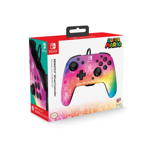 PDP REMATCH Enhanced Wired Controller, Officially Licensed for Nintendo Switch, Switch Lite & Switch - OLED Model, Nintendo Switch 2, Compatible Gamepad, Customizable Programmable Buttons, Super Mario Star Spectrum (Rainbow) - color: Star Spectrum