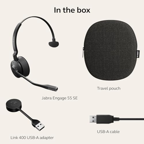 Jabra Engage 55 SE (Second Edition) Single-Ear Wireless Headset w/Link 400 USB-A DECT Adapter – Noise-Cancelling Mic, Extensive Range – Works with All UC Platforms Like Google Meet & Zoom, Black - size: USB-A Adapter, style: All Platforms