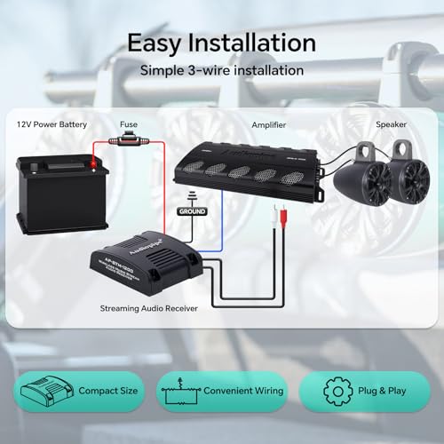 Audiopipe Marine 무선 음악 스트림 오디오 수신기 (AP-BTM-1200), Blutooth 5.0 어댑터, RCA 스테레오 출력, 해양, ATV, UTV, 골프 자동차, 홈 뮤직에 적합