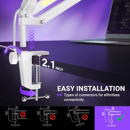 FIFINE AmpliGame BM38W Heavy Duty RGB Microphone Boom Arm for Gaming | Podcasting C-Clamp Desktop Mic Mount, Angle Adjustment, 3/8" to 5/8" Screw, for FIFINE AM8 - color: White